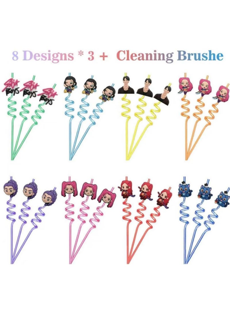 saykfoe Kpop Party Kit - 24 Reusable Colorful Spiral Straws with Printed Cartoon Designs & 25 Girl Temporary Tattoos, Includes Cleaning Brush for Anime Themed Birthday, K-Style Party Decor - Image 5